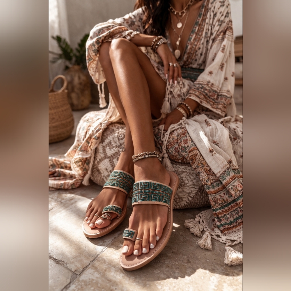 ✨ Boho Beaded Slide Sandals – Turquoise & Tan